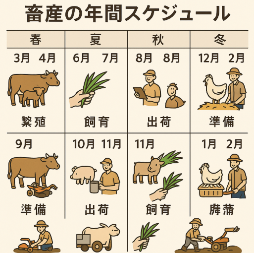 12カ月のカレンダー形式で繁殖期・肥育期・出荷期・季節作業ポイントを示す、年間スケジュール図解