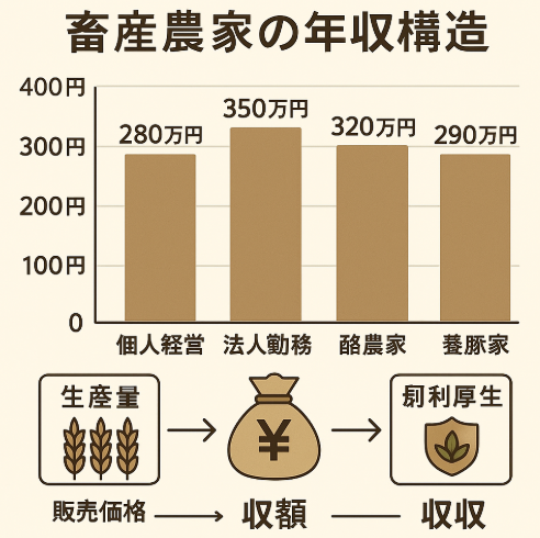 個人経営・法人勤務・酪農家・養豚家別の平均年収を棒グラフで比較し、生産量・販売価格・福利厚生の収益要因を示した図解