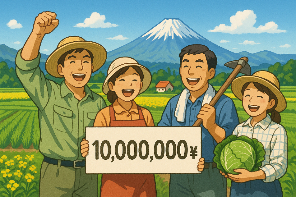 1,000万円補助金活用による農業人生の成功実現、幸せな農家・農業成功・明るい未来を日本の農業風景で表現