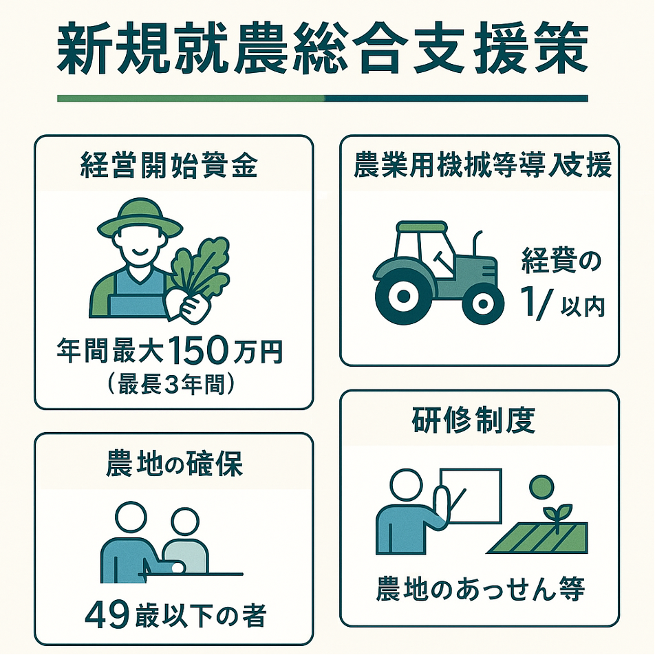 新規就農支援制度2025年版の全体像、各種政府プログラムの支援額と要件を日本語で示したインフォグラフィック