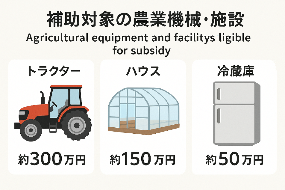 補助金で購入可能な農業機械・施設一覧、トラクター・ビニールハウス・冷蔵庫などの費用見積もりを日本円で表示