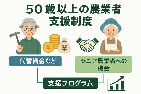  50歳以上向け新規就農支援制度、代替資金調達オプションとシニア農家機会を日本語テキストで説明