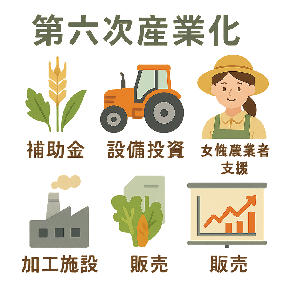 農業6次産業化補助金と設備投資支援、女性農業者向け加工施設・販売設備を日本語で図解