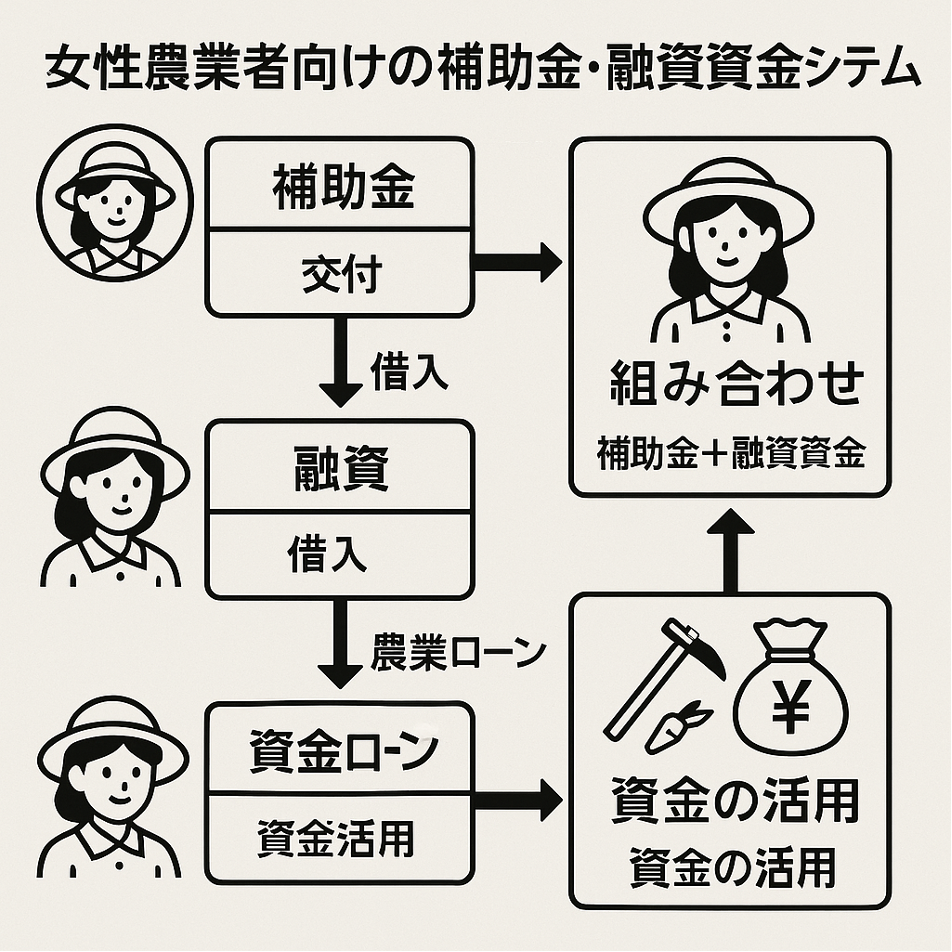 農業助成金と融資制度の併用による資金調達戦略、女性農業者向け財務計画を日本語チャートで表示