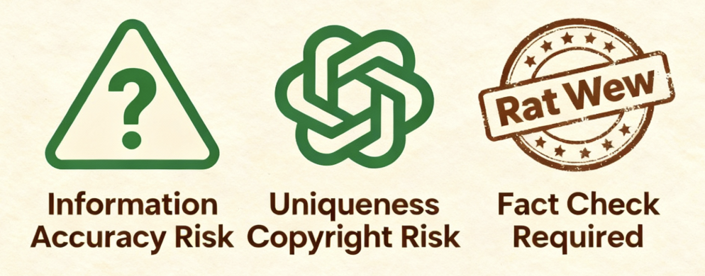 農業ホームページの記事作成をAIが行うデメリット(情報精度、独自性、著作権)の図解