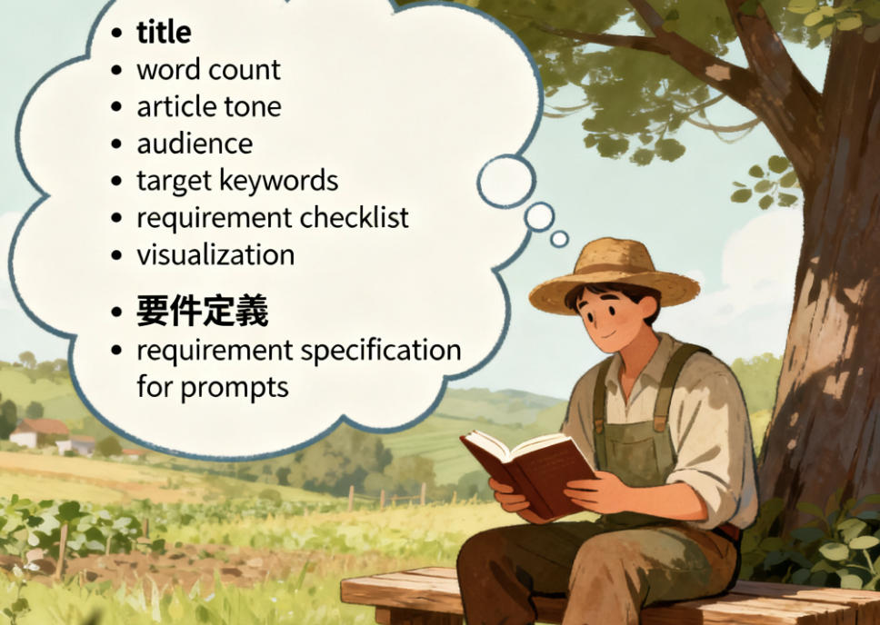 AIに指示する際に明確にすべき要件(タイトル、構成、トーン、読者、キーワード)の図解