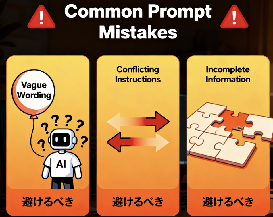プロンプト作成で避けるべき失敗パターン(曖昧、矛盾、不完全)の図解