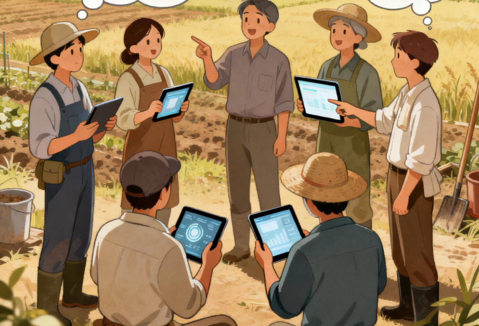 AI活用について農家仲間と情報共有し、共に学ぶコミュニティの大切さ図解