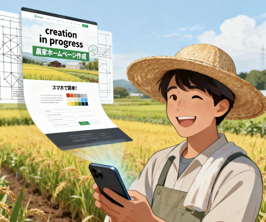 農家がスマホアプリで簡単にホームページを作成しているアイキャッチイラスト