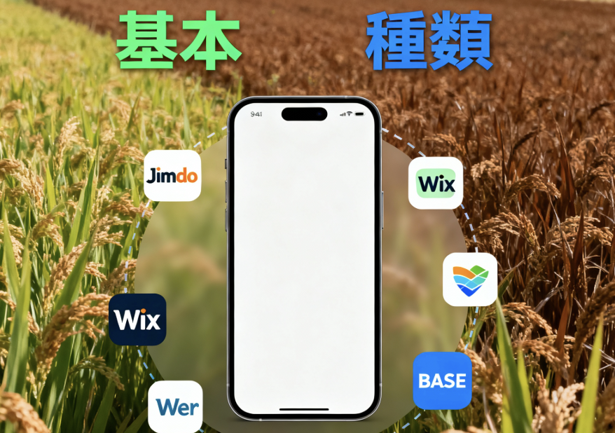 農業ホームページ作成用スマホアプリの基本と主要な種類を示すイラスト