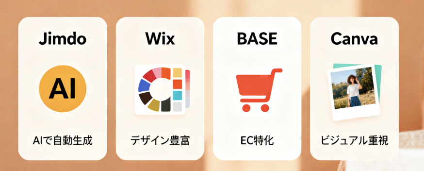 imdo、Wix、BASE、Canvaなど主要ホームページ作成アプリの特徴比較イラスト