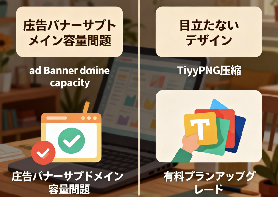 スマホアプリ無料版の制限（広告、ドメイン、容量）とその対策を示すイラスト