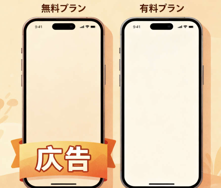 無料プランの広告表示と、有料プランでの広告非表示を比較するイラスト