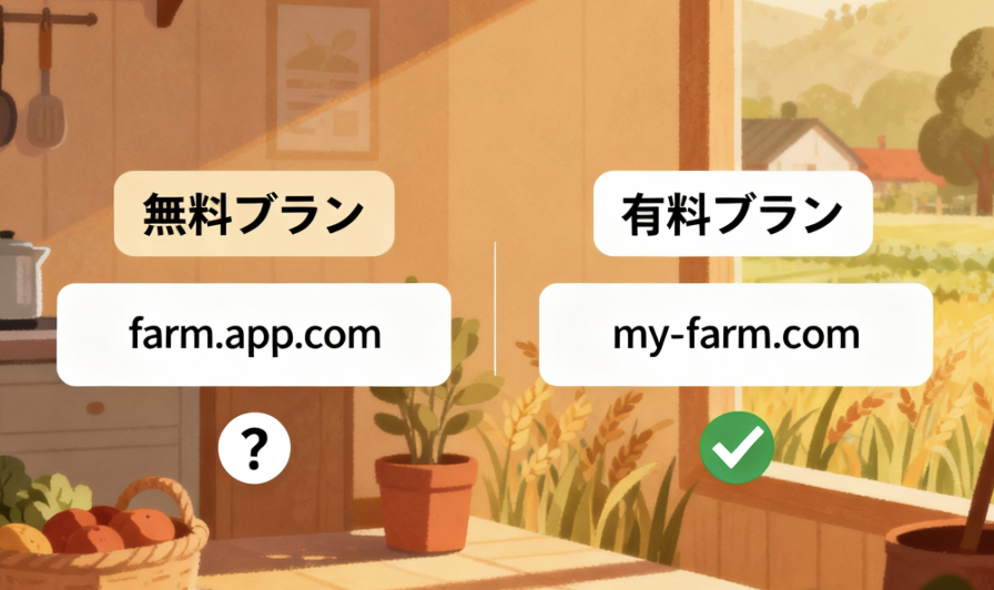 無料プランのサブドメインと有料プランの独自ドメインの違いを比較するイラスト