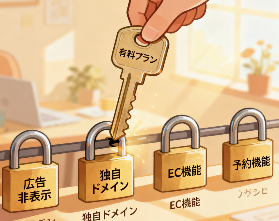 スマホアプリの有料プランで解放されるメリット（独自ドメイン、広告非表示、EC機能）のイラスト