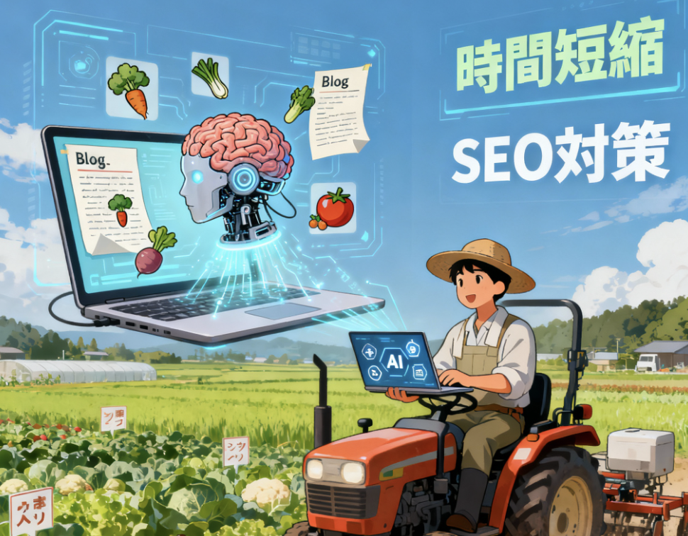 AIを活用して農作業中もホームページの記事作成を行う農家のアイキャッチイラスト