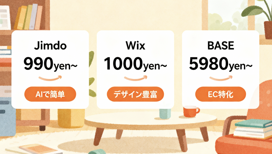 Jimdo, Wix, BASEのおすすめ有料プラン料金比較イラスト