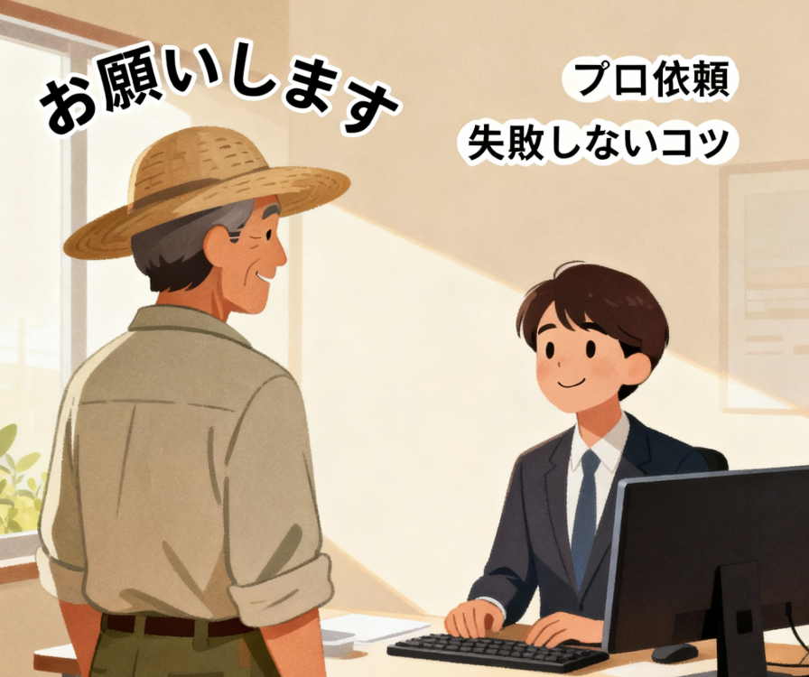 農家がホームページ作成をプロに依頼する方法とポイントを示すイラスト