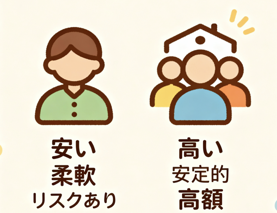 ホームページ作成依頼先のフリーランスと制作会社を比較するイラスト