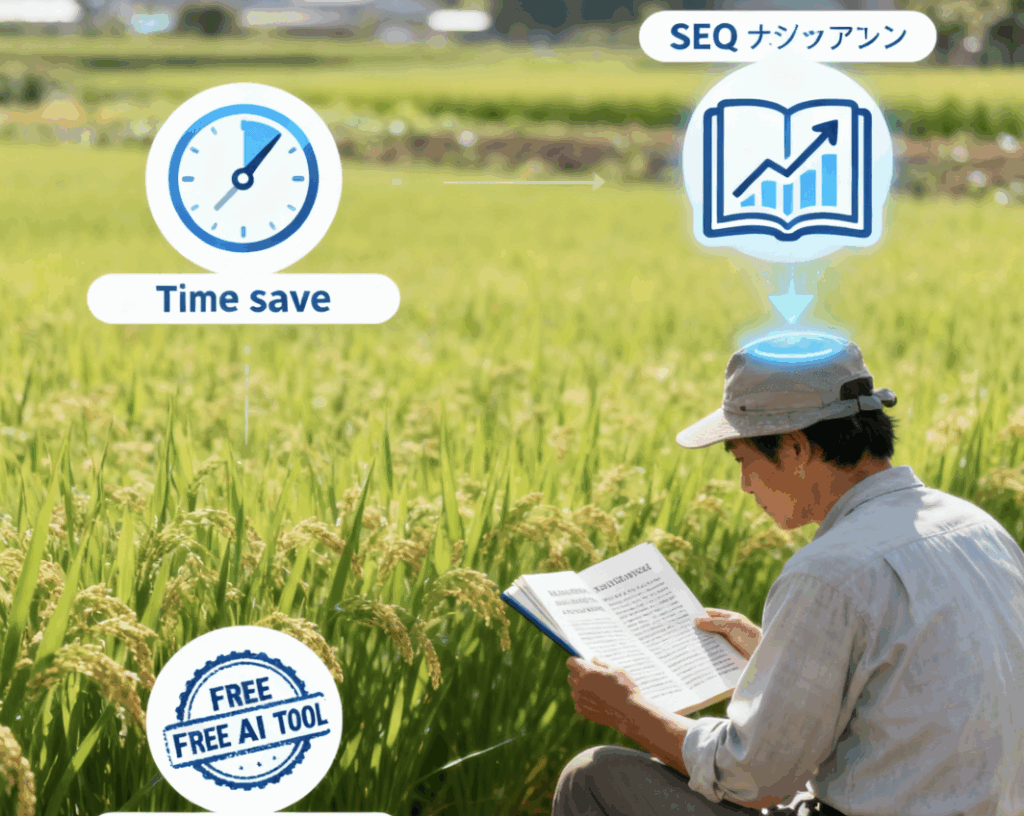 記事を読むメリット(時間短縮、SEO向上、無料ツール)を示す図解