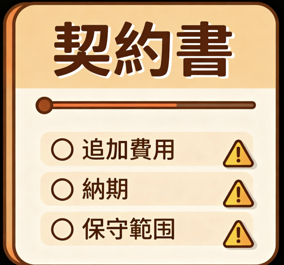 ームページ作成の依頼契約時に確認すべき注意点（追加費用、納期、保守）の図解