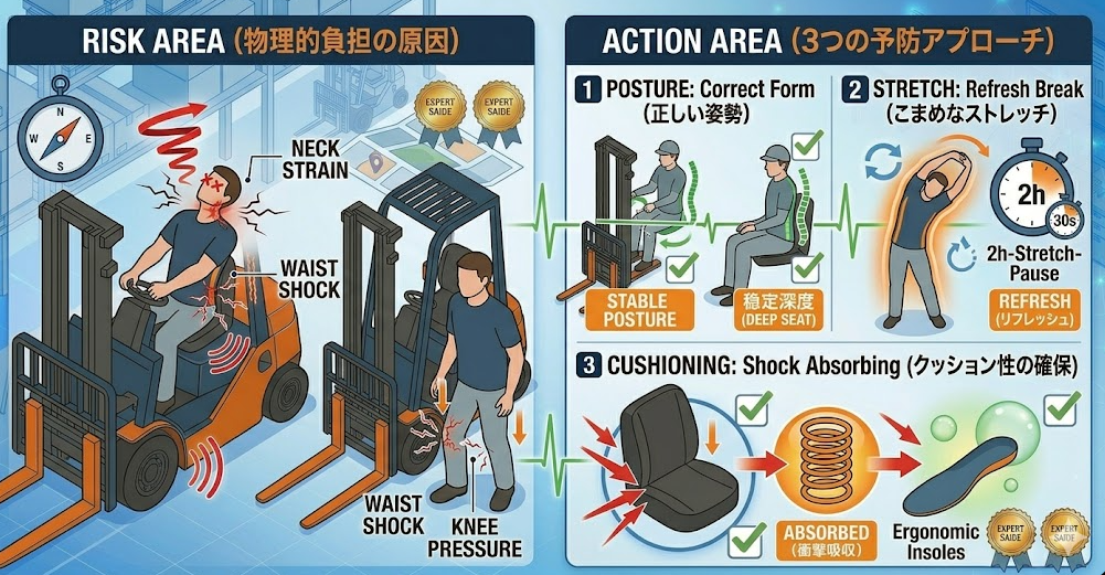 フォークリフトの運転方法「フォークリフト作業特有の腰痛・膝痛・頸部痛の原因と予防法」という疑問を解消して成功した人