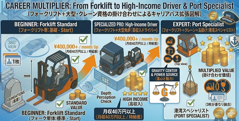 フォークリフトの運転方法「クレーン免許・大型免許との組み合わせによるキャリアパス拡張戦略」という疑問を解消して成功した人