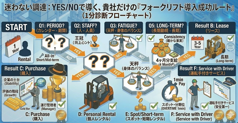 フォークリフトの運転方法「1分診断フローチャート｜フォークリフト運転方法とあわせてフォークリフト導入も検討したい場合に最適な利用方法」を把握して成功した人
