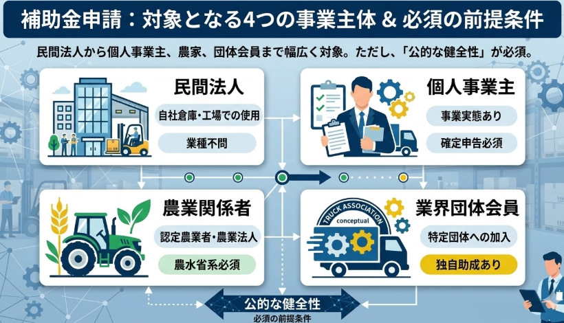 フォークリフト購入補助金_補助対象企業の条件｜法人・個人事業主・農家すべてが対象