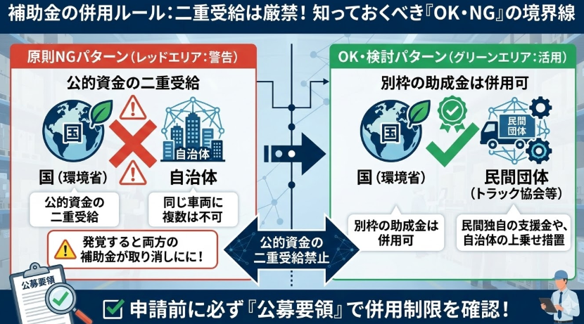 フォークリフト購入補助金_複数の補助金を併用できるか？｜環境省＋自治体の併用可否と注意点