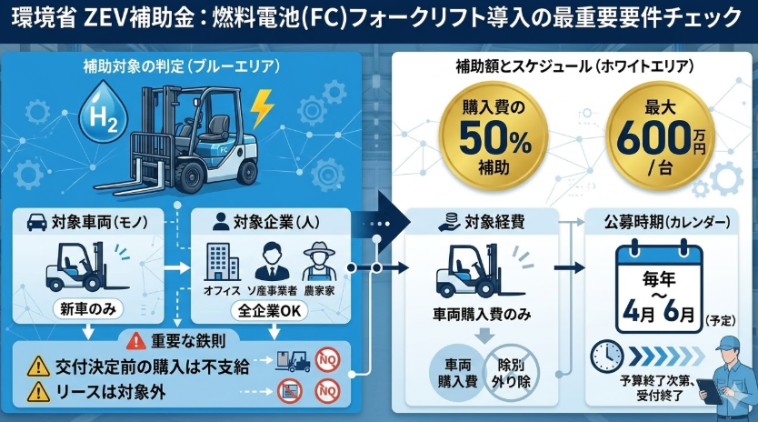 フォークリフト購入補助金_環境省のZEV導入補助金とは？｜燃料電池フォークリフト 補助金の対象要件