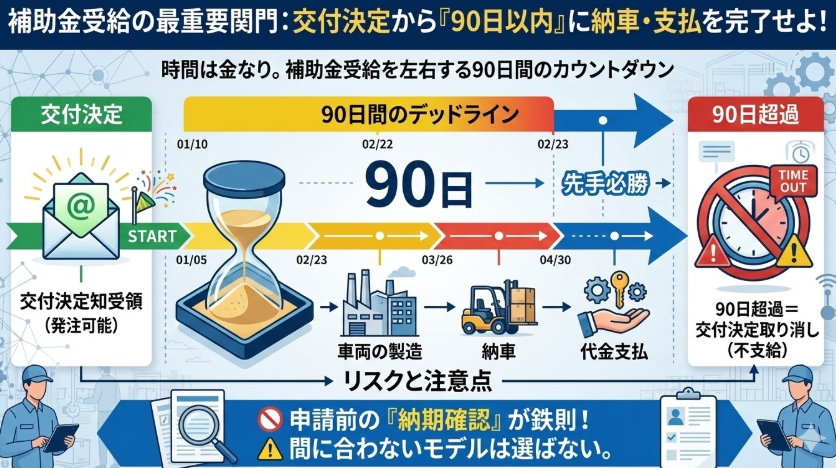 フォークリフト購入補助金_交付決定から購入までの期間｜決定後「90日以内」に納車が必須