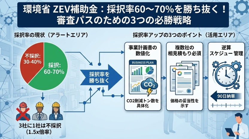 フォークリフト購入補助金_採択率と競争倍率｜約60～70%の採択率（倍率1.5倍）