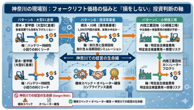 フォークリフトの価格が気になる方に役立つ情報：神奈川県（厚木・愛甲郡・横浜など）でフォークリフト価格に悩む企業・現場の共通パターン