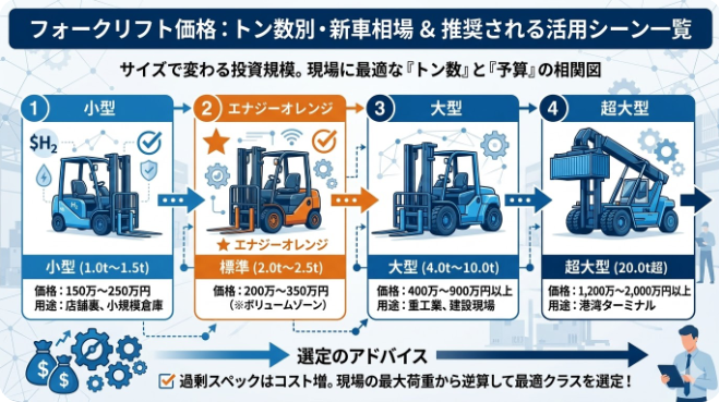 フォークリフトの価格が気になる方に役立つ情報：フォークリフト種類と価格はセットで考える｜トン数・車種でフォークリフト価格がここまで変わる