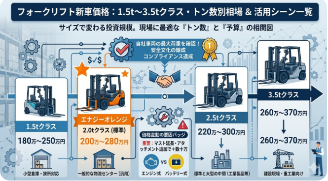フォークリフトの価格が気になる方に役立つ情報：フォークリフト 新車価格の相場感｜1.5t〜3.5tクラスのフォークリフト 新車 値段の目安