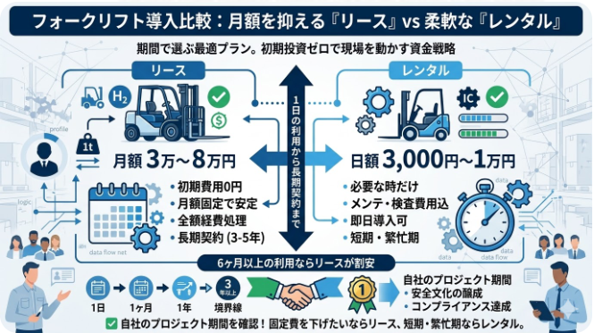 フォークリフトの価格が気になる方に役立つ情報：フォークリフト リース・レンタルの月額価格相場｜短期・長期でどう変わるか