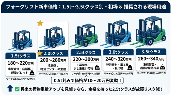 フォークリフトの価格が気になる方に役立つ情報：1.5t・2.5t・3t・3.5tクラス別フォークリフト 新車 値段の違いとおすすめトン数