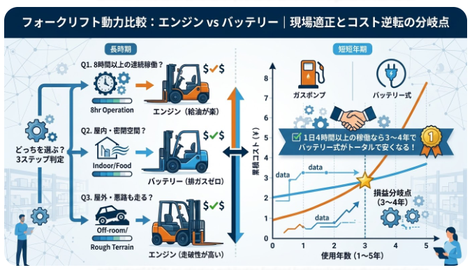 フォークリフトの価格が気になる方に役立つ情報：エンジン式（ガソリン・ディーゼル）vs バッテリー式｜新車価格と燃料・電気代の損益分岐点