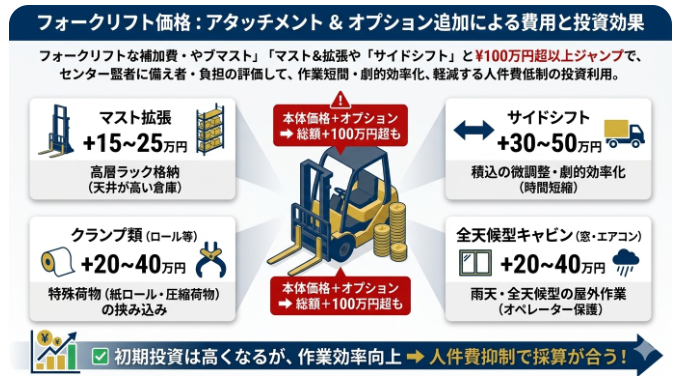 フォークリフトの価格が気になる方に役立つ情報：アタッチメント・オプション・マスト類の高さがフォークリフト価格に与える影響