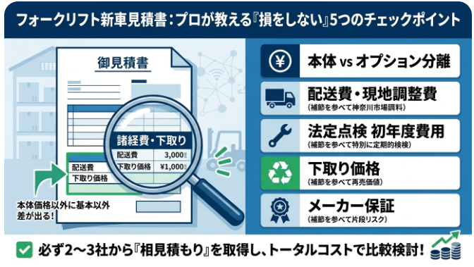 フォークリフトの価格が気になる方に役立つ情報：見積書のチェックポイント｜フォークリフト 新車 値段の内訳で確認すべき項目