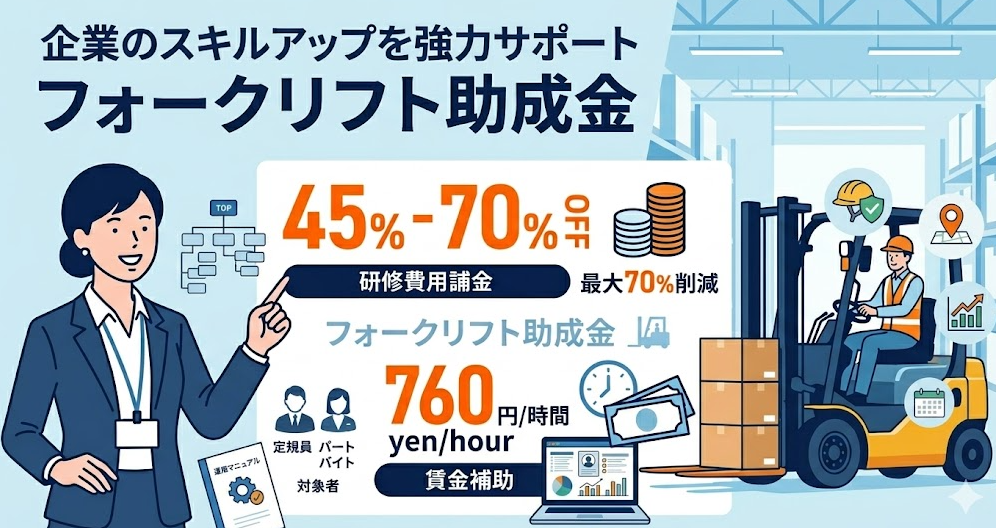 法人向けのフォークリフト助成金ガイドとして、人材開発支援助成金で講習費を最大70%削減する方法を解説する女性フォークリフトオペレーター