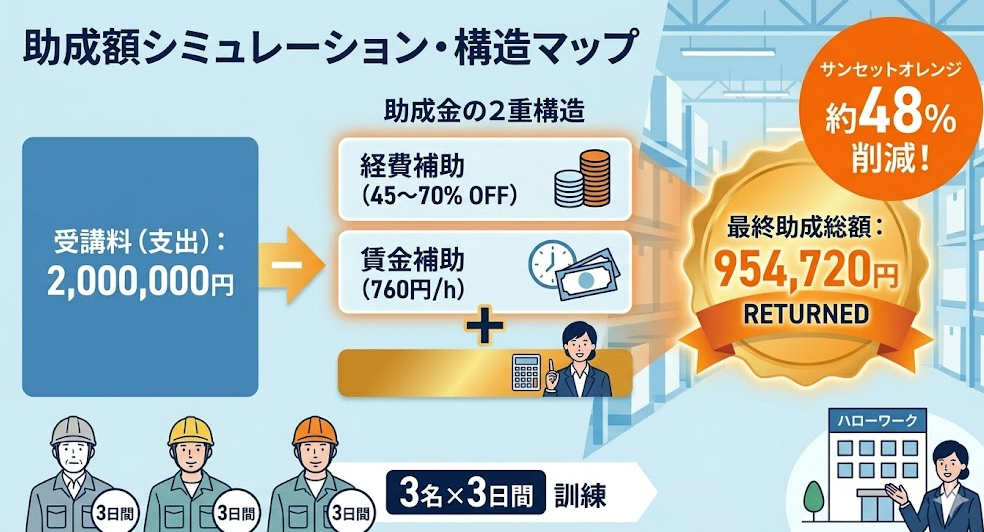 法人向けのフォークリフト助成金ガイドとして、訓練経費への補助45～70%＋賃金への補助760円/時間、法人が受け取れる総額シミュレーションを解説する女性フォークリフトオペレーター
