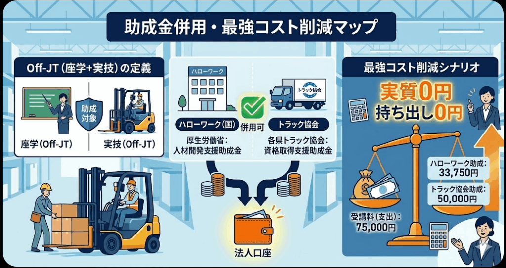 法人向けのフォークリフト助成金ガイドとして、人材開発支援助成金の対象となる「訓練」の定義、Off-JT（座学＋実技）が対象であると解説する女性フォークリフトオペレーター