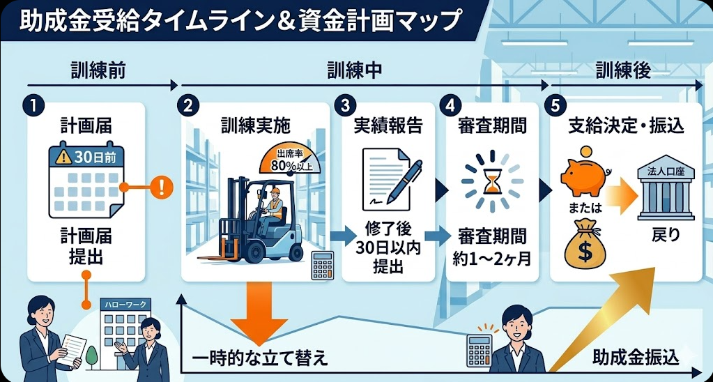 法人向けのフォークリフト助成金ガイドとして、助成金申請から給付までの期間｜キャッシュフローを考慮した資金計画を解説する女性フォークリフトオペレーター