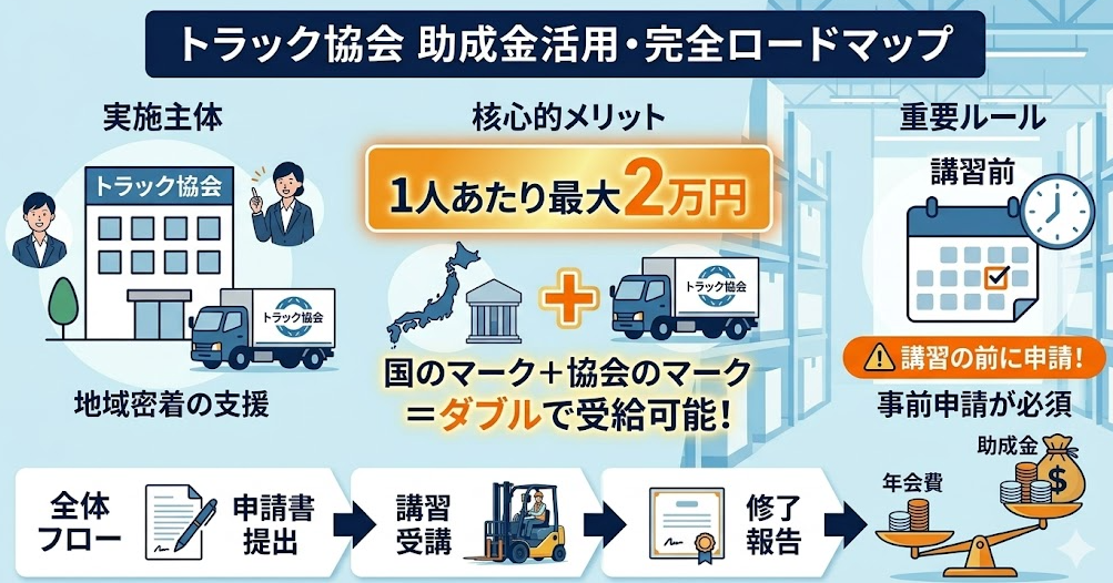 法人向けのフォークリフト助成金ガイドとして、フォークリフト助成金、トラック協会の強力なバックアップ、会員企業の補助率と申請フローを解説する女性フォークリフトオペレーター