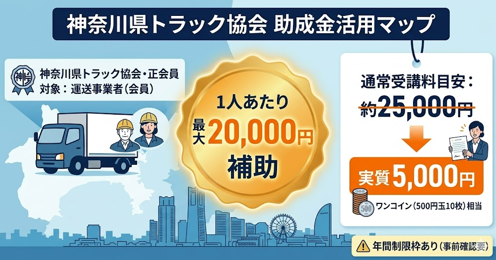 法人向けのフォークリフト助成金ガイドとして、神奈川県トラック協会 助成金の対象企業と補助率、1人あたり最大2万円の支援について解説する女性フォークリフトオペレーター