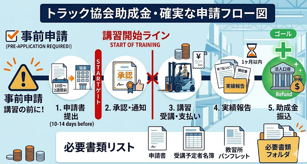 法人向けのフォークリフト助成金ガイドとして、トラック協会助成金の申請フローと必要書類｜講習「前」の事前申請が必須であることを解説する女性フォークリフトオペレーター