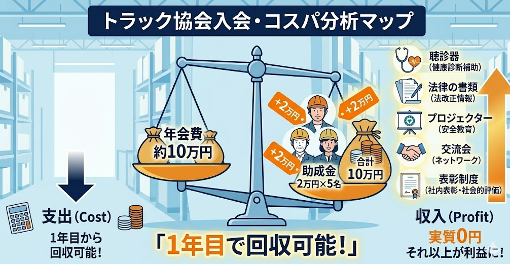 法人向けのフォークリフト助成金ガイドとして、非会員企業がトラック協会に加入するメリット、年会費と助成金のコスパ分析を解説する女性フォークリフトオペレーター