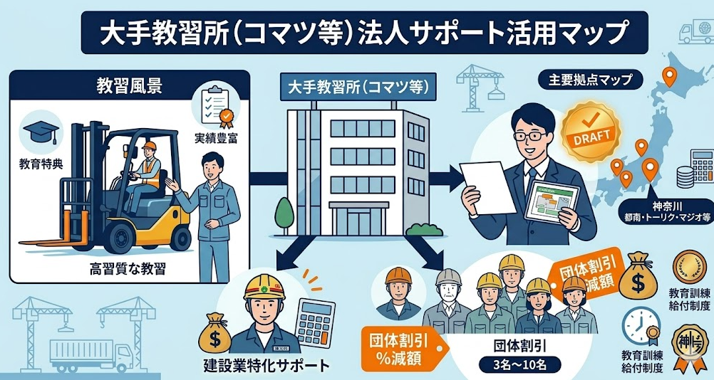 法人向けのフォークリフト助成金ガイドとして、フォークリフト助成金におけるコマツ教習所の法人向けプラン、大手企業ならではの助成金対応サポートを理解して成功したフォークリフト利用企業